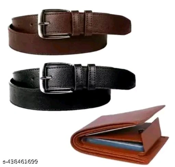 CV ENTERPRISES Men Artificial Leather Belt And Wallet ComboName: CV ENTERPRISES Men Artificial Leather Belt And Wallet ComboMaterial: Faux Leather/LeatheretteNo. of Compartments: 2Pattern: SolidNet Quantity (N): 3Sizes: Free Size (Length Size: 10 cm, Width Size: 10 cm) The Artificial Leather Belt is a lighthearted way to add interest to your day-to-day dresses and denim. The very m