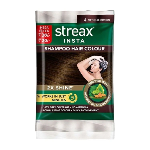 Streax Insta Shampoo Hair Colour - 4 Natural Brown 