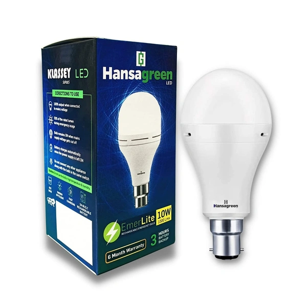 Hansagreen 10 watts Cool White LED Emergency Bulb, For Indoor Lighting, Rechargeable (1 Year Warranty)