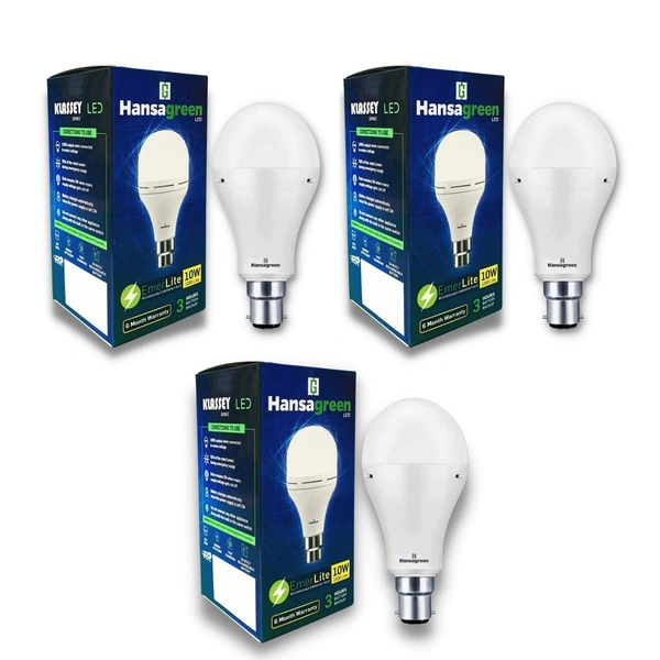 Hansagreen 10 watts Cool White LED Emergency Bulb, For Indoor Lighting, Rechargeable, Pack of 3 (1 Year Warranty)