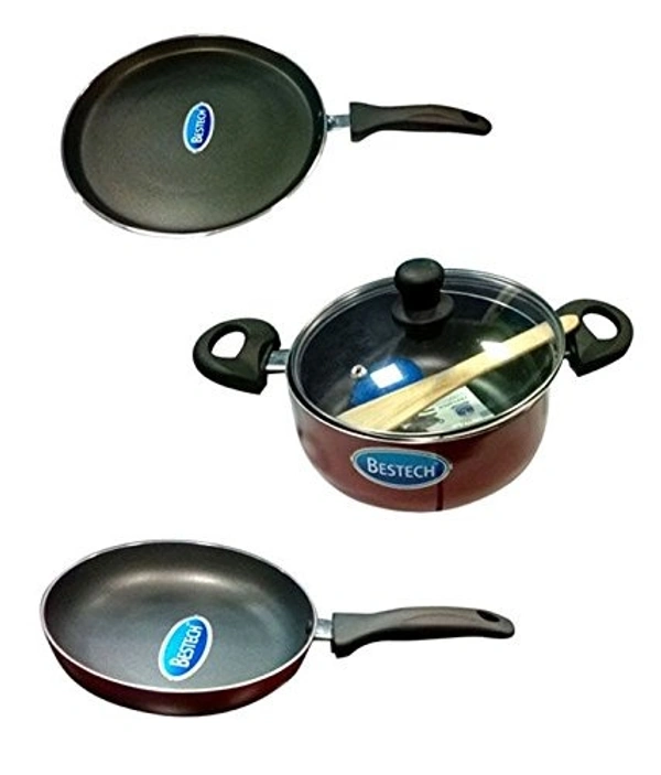 Bestech Nonstick Induction Base Cookware 3pcs Set with Free Scrubber and Wooden Spatula