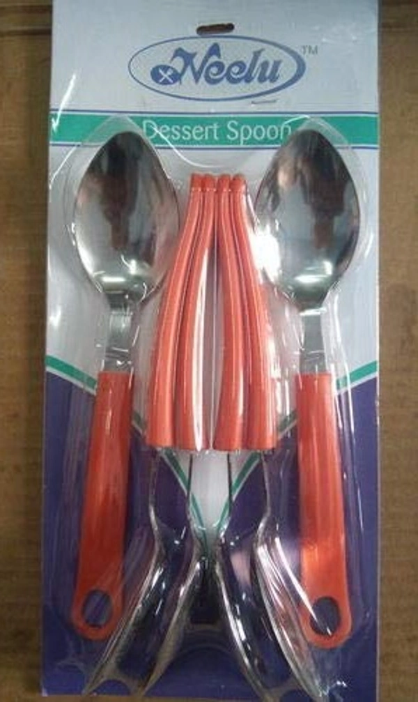 Neelu Dessert Spoon Stainless Steel with Plastic Handle (6Pcs Set,Multicolour)
