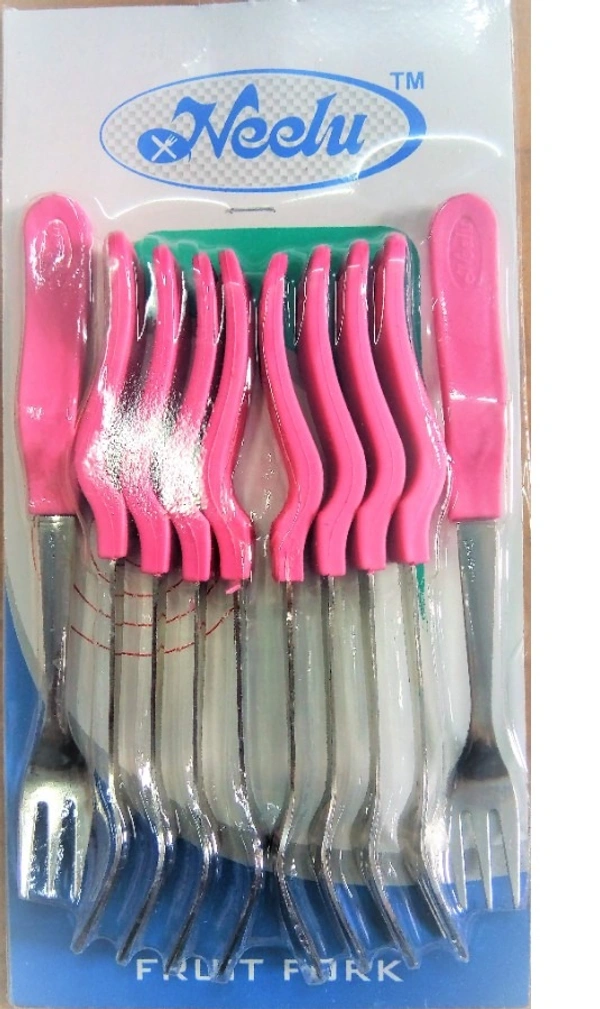 Neelu Fruit Fork Stainless Steel with Plastic handle (6 Pcs, Multicolour)