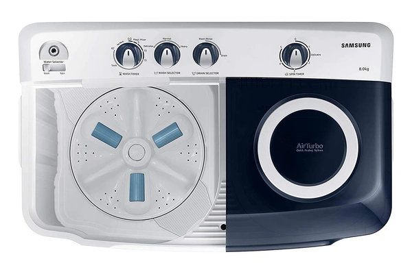 Samsung 8.0 Kg Semi-Automatic 5 Star Top Loading Washing Machine (WT80R4200LG/TL, Light Grey, Royal Blue Lid (Transparent), Hexa Storm Pulsator) - Credit & Debit Card Accepted, 3-5 Days