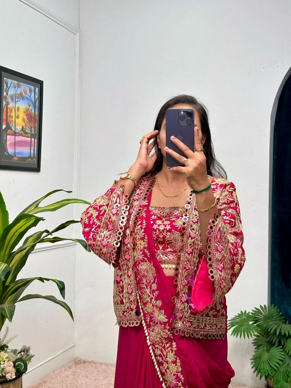 Indo Western Drap Saree - Red