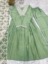 Presenting New Pure Soft Heavy Roman silk Chanderi Fabric Nyra Cut Kurta With Duppta Set, Pent Ready To Wear* - M