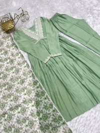 Presenting New Pure Soft Heavy Roman silk Chanderi Fabric Nyra Cut Kurta With Duppta Set, Pent Ready To Wear* - M