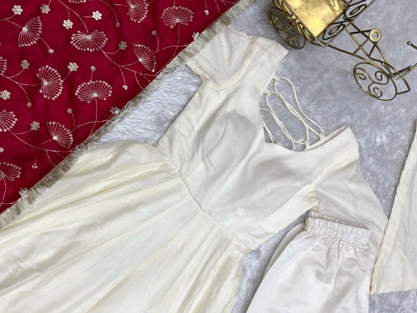 Pure Soft Vichitra Silk Fabric Fully Flair Kali Pattern And Canvas Patta With Duppta Set,pent Ready To Wear* - L