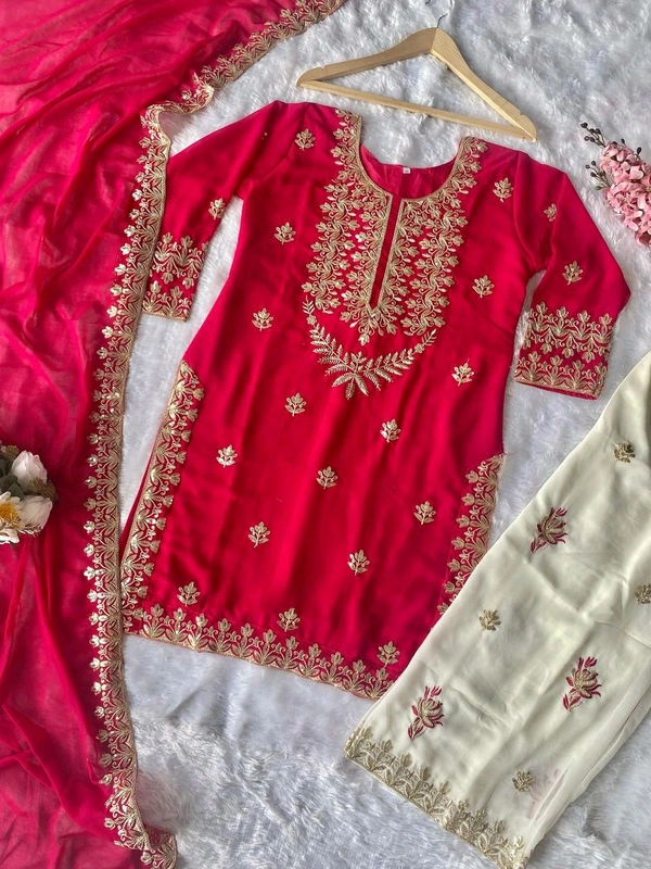 LAUNCHING NEW DESIGNER PARTY WEAR LOOK TOP-PLAZZO AND DUPPTA SET WITH HEAVY EMBROIDERY SEQUENCE WORK READY TO WEAR - M To L Margin