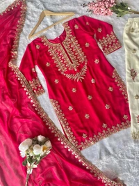 LAUNCHING NEW DESIGNER PARTY WEAR LOOK TOP-PLAZZO AND DUPPTA SET WITH HEAVY EMBROIDERY SEQUENCE WORK READY TO WEAR - M To L Margin
