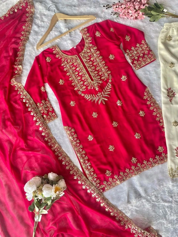 LAUNCHING NEW DESIGNER PARTY WEAR LOOK TOP-PLAZZO AND DUPPTA SET WITH HEAVY EMBROIDERY SEQUENCE WORK READY TO WEAR - M To L Margin