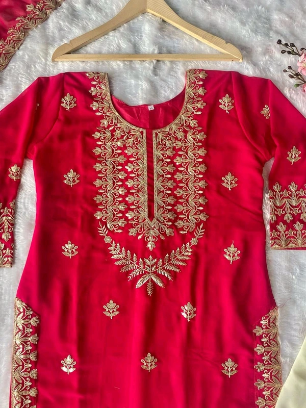 LAUNCHING NEW DESIGNER PARTY WEAR LOOK TOP-PLAZZO AND DUPPTA SET WITH HEAVY EMBROIDERY SEQUENCE WORK READY TO WEAR - M To L Margin