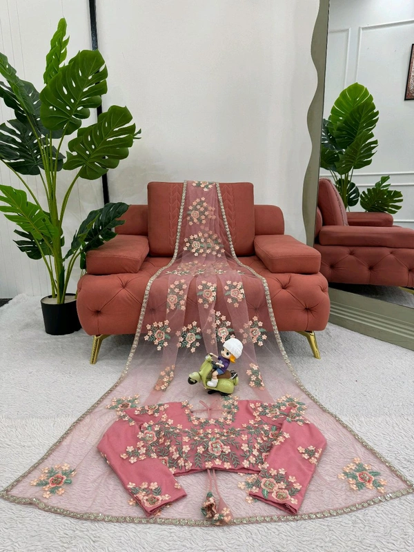 Looking some one for this same colour beautiful Designer Saree on Soft Net Febric with Thred & Sequnce work and blouse on also Soft Net Febric