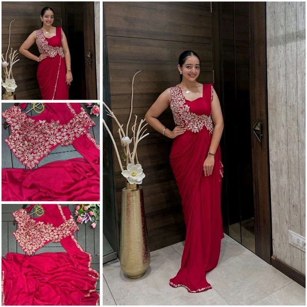 New Super Trending Embroidery cording work ready to wear saree with Embroidery Blouse* - Full Stitched Upto 42