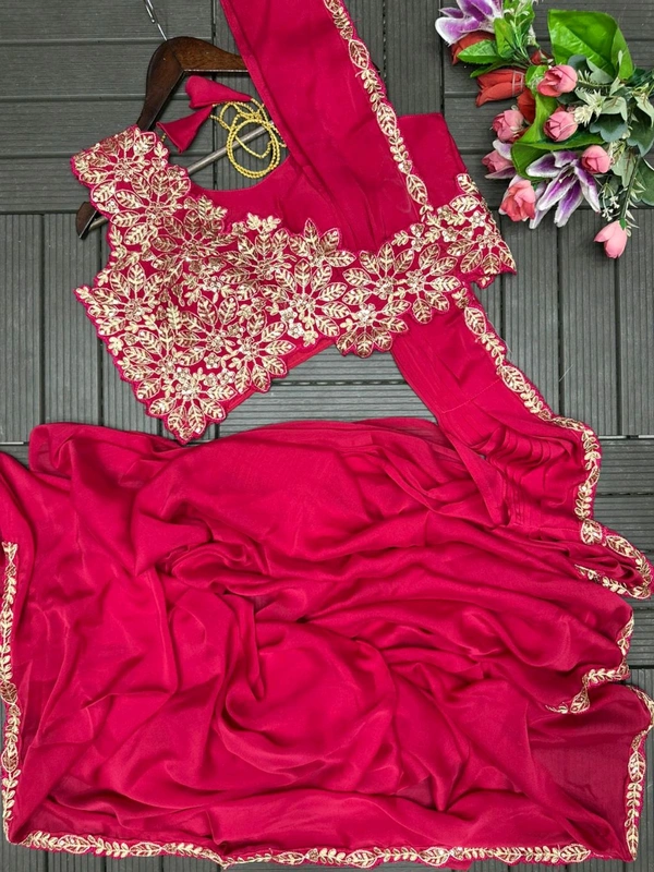 New Super Trending Embroidery cording work ready to wear saree with Embroidery Blouse* - Full Stitched Upto 42