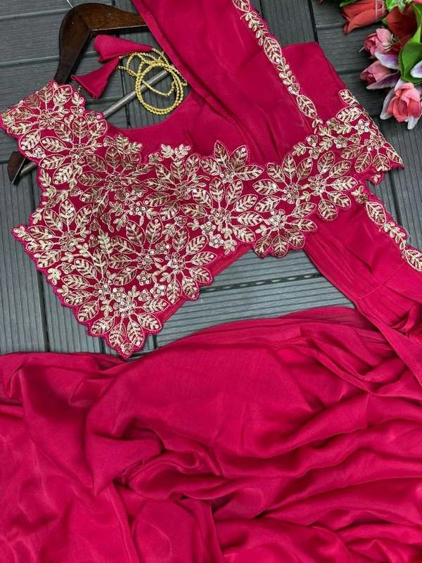 New Super Trending Embroidery cording work ready to wear saree with Embroidery Blouse* - Full Stitched Upto 42