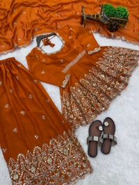 👚 *TOP:*
• *Fabric:* *Fendy Silk*
• *Design:* *Embroidery Sequence Work*
• *Sleeves:* Full
• *Inner:* Heavy Micro Cotton
• *Length:* 29-30 inches - xxl-44