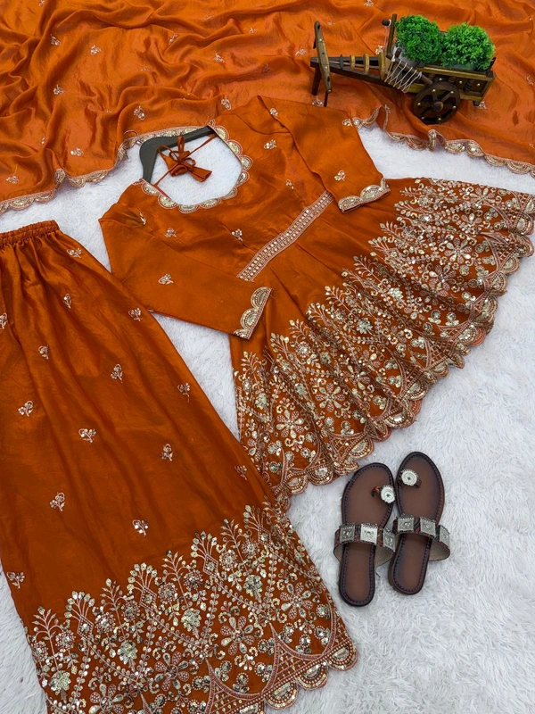 👚 *TOP:*
• *Fabric:* *Fendy Silk*
• *Design:* *Embroidery Sequence Work*
• *Sleeves:* Full
• *Inner:* Heavy Micro Cotton
• *Length:* 29-30 inches - xxl-44