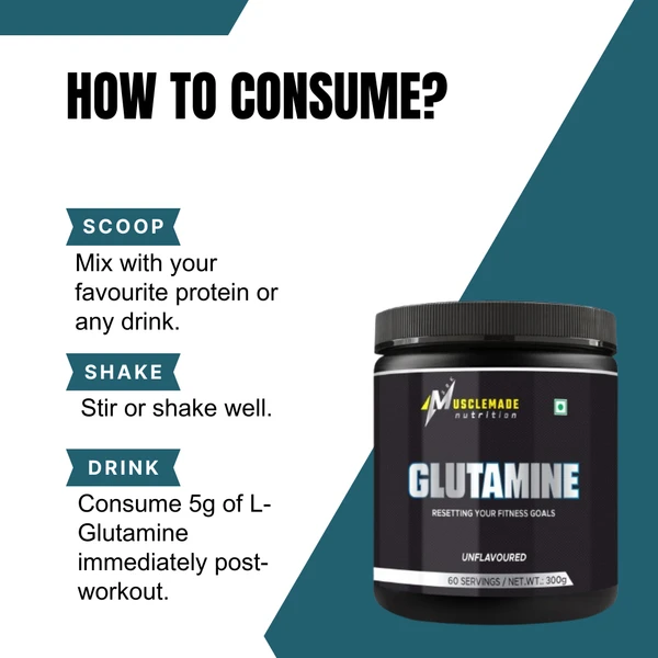 Musclemade Glutamine Powder | Unflavoured | 300 g | 60 Servings - Unflavoured