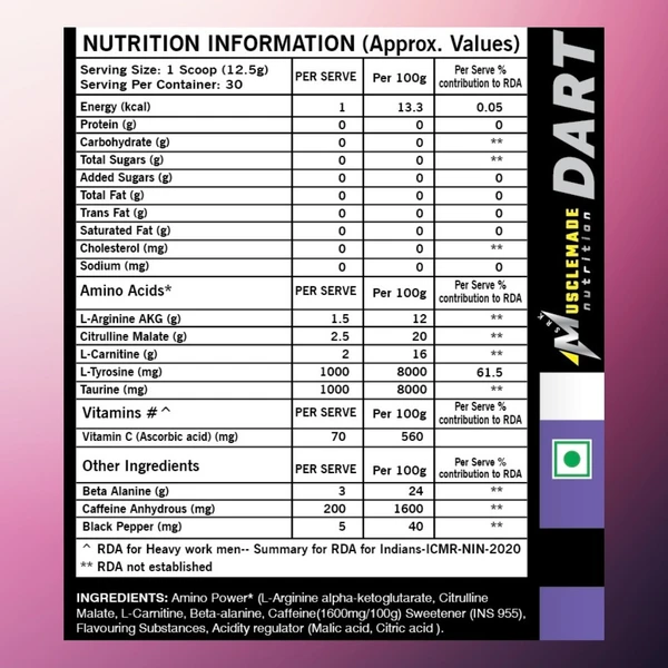 Musclemade DART PRE Workout, 375 g/30 Servings - Peach Mango