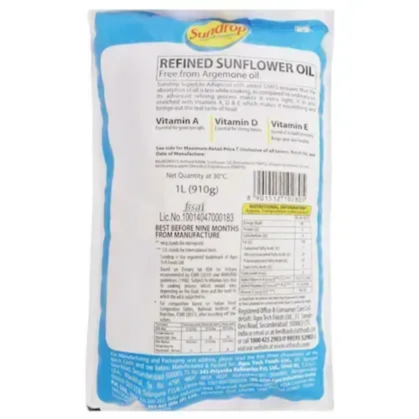 Sundrop SuperLite Advanced Refined Sunflower Oil 1 L (Pouch) - 1L
