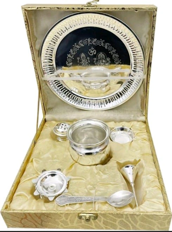 Pooja thali premium quality with heavy box set - Silver