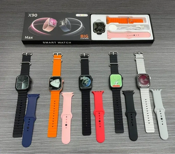 X90 Max Smartwatch, 2.19 Inch Big Display, 45mm Case, Multiple Watch Faces, Health Monitoring, Wireless Charging, Stylish Design.