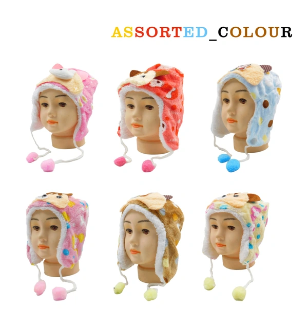 KIDS WOOLEN CAP WITH INSIDE FURR & DORI COLOR - MULTI COLOR N MULTI DESIGN SIZE - FREE SIZE - free, 6