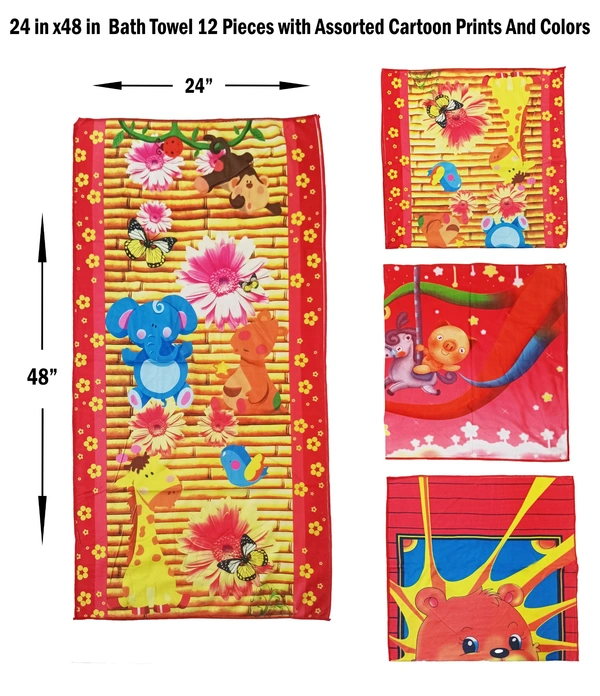 24 in x 48 in Bath Towel 12 Pieces with Assorted Cartoon Print And Colors