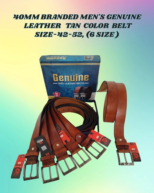 40 MM BRANDED MENS GENUNINE LEATHER TAN COLOR BELT SIZE--42-52(6 SIZE) - MIX, 06
