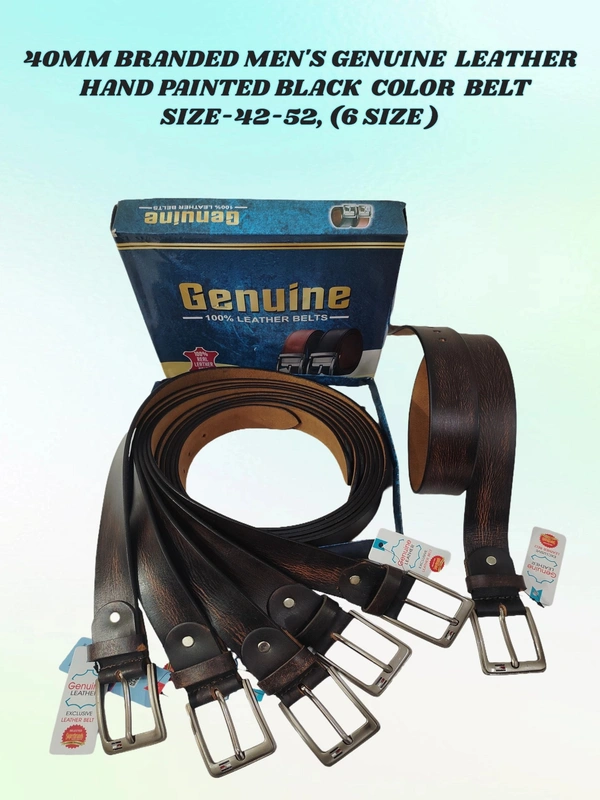 40 MM BRANDED MENS GENUNINE LEATHER HAND PAINTED BLACK COLOR BELT SIZE--42-52(6 SIZE) - MIX, 06