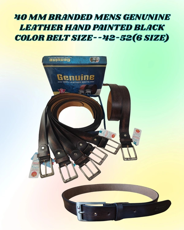 40  MM BRANDED MENS GENUINE LEATHER HAND PAINTEDBLACK COLOR SIZE -42-52(6 SIZE) - FREE SIZE, 6