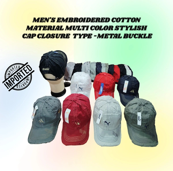 MEN'S EMBROIDERED COTTON MATERIAL MULTI COLOR STYLISH CAP CLOSURE TYPE METAL BUCKLE  - FREE SIZE, 6