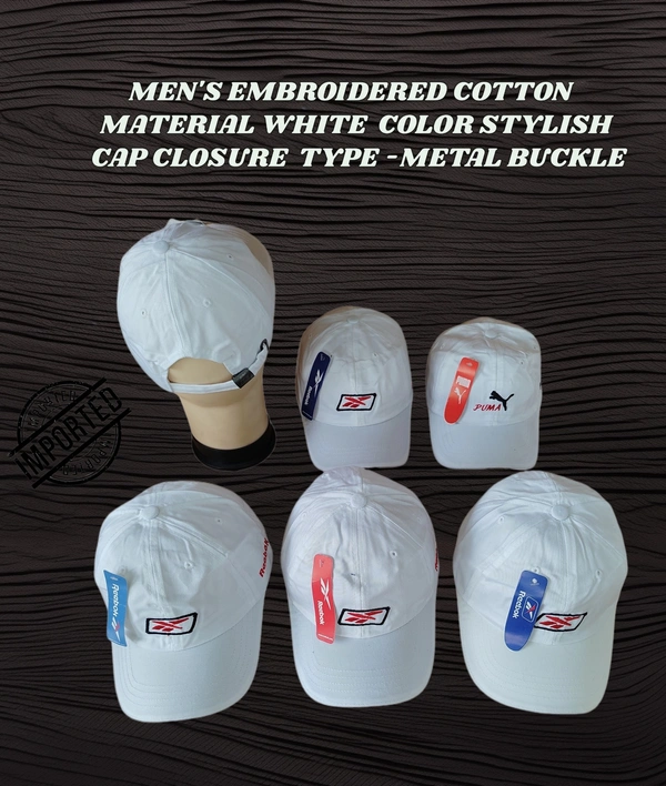 MEN'S EMBROIDERED COTTON MATERIAL WHITE COLOR STYLISH CAP CLOSURE TYPE -METAL BUCKLE  - FREE SIZE, 6