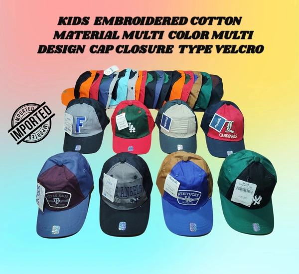 KIDS EMBROIDERED COTTON MATERIAL MULTI COLOR MULTI DESIGN CAP CLOSURE TYPE VELCRO  - FREE SIZE, 6