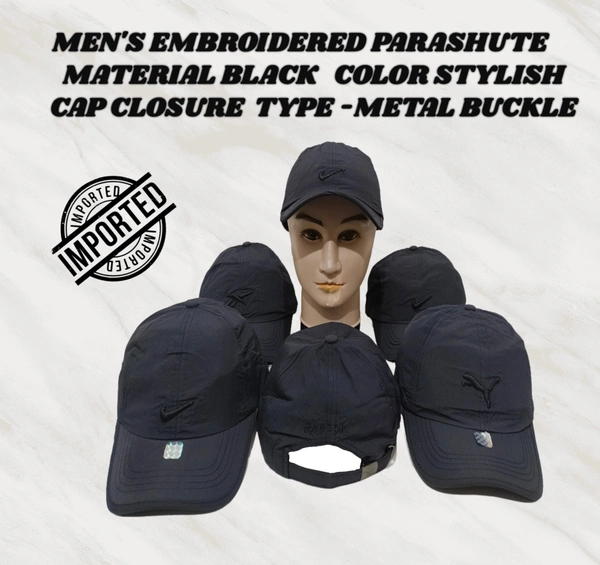 MEN'S EMBROIDERED PARASHUITE MATERIAL BLACK COLOR STYLISH CAP CLOSURE TYPE -METAL BUCKLE  - FREE SIZE, 6