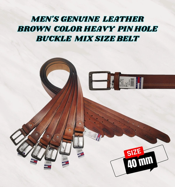 MENS GENUINE LEATHER BROWN COLOR HEAVY PIN WHOLE BUCKLE MIX SIZE BELT - FREE, 6