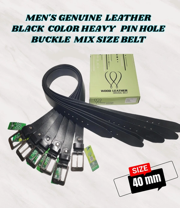 MENS GENUINE LEATHER BLACK COLOR HEAVY PIN WHOLE BUCKLE MIX SIZE BELT - FREE, 6