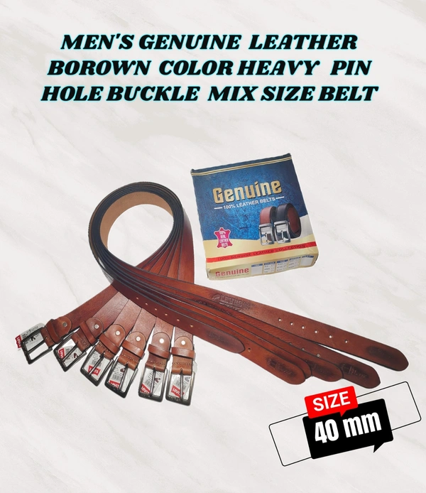 MENS GENUINE LEATHER BROWN COLOR HEAVY PIN WHOLE BUCKLE MIX SIZE BELT - FREE, 6