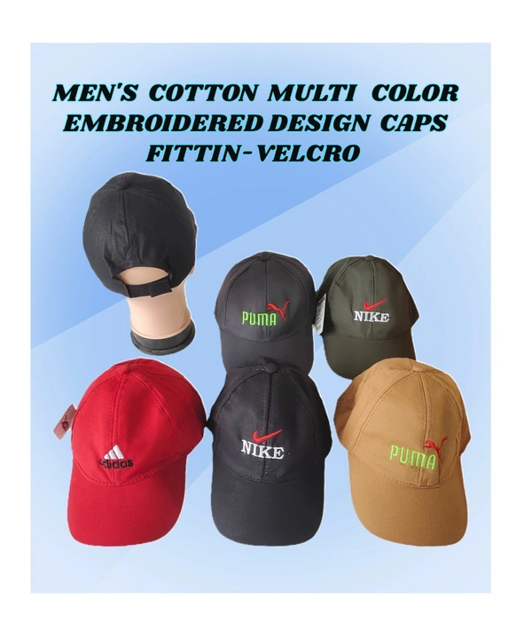 MENS COTTON MULTI COLOR EMBROIDERED DESIGN CAPS FITTING VELRO  - FREE, 6
