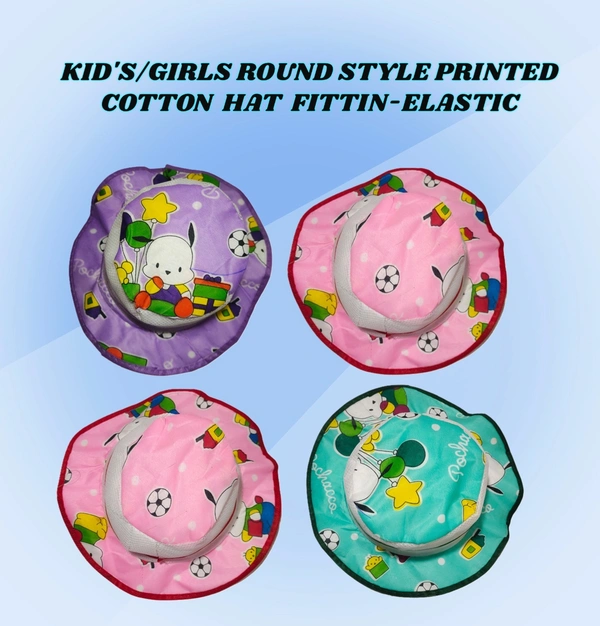 KIDS GIRLS ROUND STYLE PRINTED COTTON HAT FITTING ELASTIC - FREE, 12