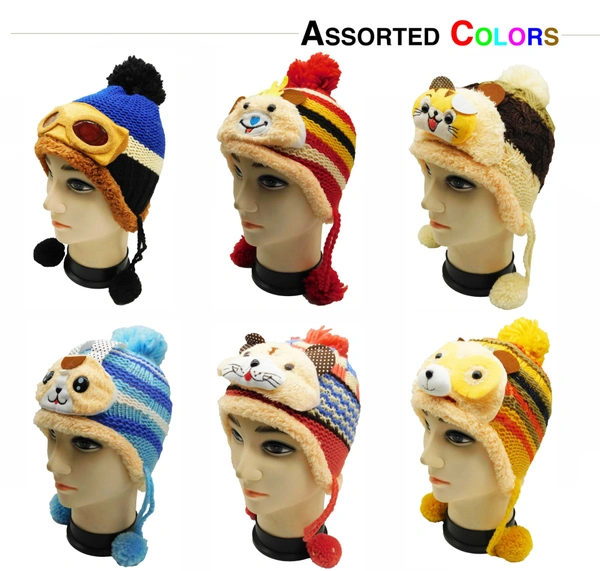 KIDS WOOLEN CAP WITH INSIDE FURR & DORI COLOR - MULTI COLOR N MULTI DESIGN SIZE - FREE SIZE - free, 6