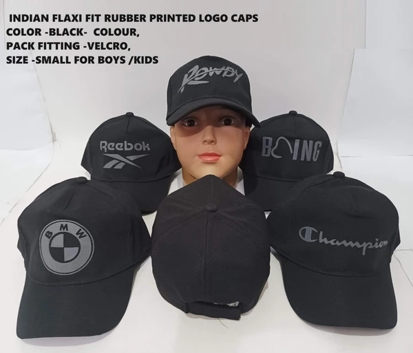 Indian Flaxi Fit Rubber Printed Logo Caps Color -Black-  Colour Pack Fitting -Velcro Size -Small For Boys - 12