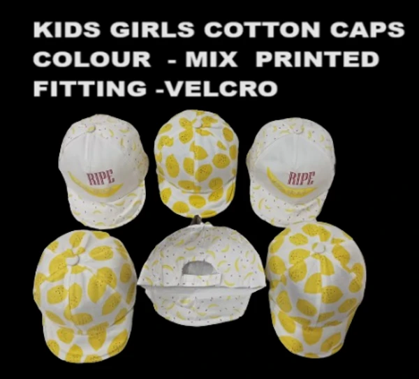 Kids Girls Stylish Cotton Caps Colour Mix Printed Fitting Velcro - 48