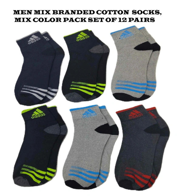 Men Mix Branded Cotton  Socks, Mix Color Pack Set Of 12 Pairs - 12