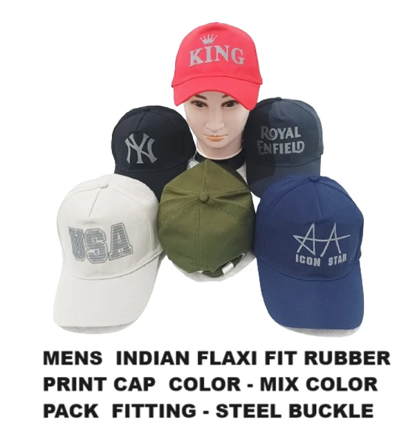 Mens  Indian Flaxi Fit Rubber Print Cap  Color - Mix Color Pack  Fitting - Steel Buckle - 24