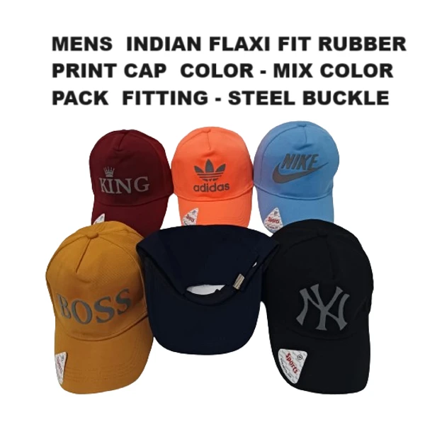 Mens  Indian Flaxi Fit Rubber Print Cap  Color - Mix Color Pack  Fitting - Steel Buckle - 24