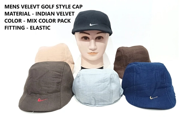 Mens Velevt Golf Style Cap Material - Indian Velvet Color - Mix Color Pack Fitting - Elastic - 6