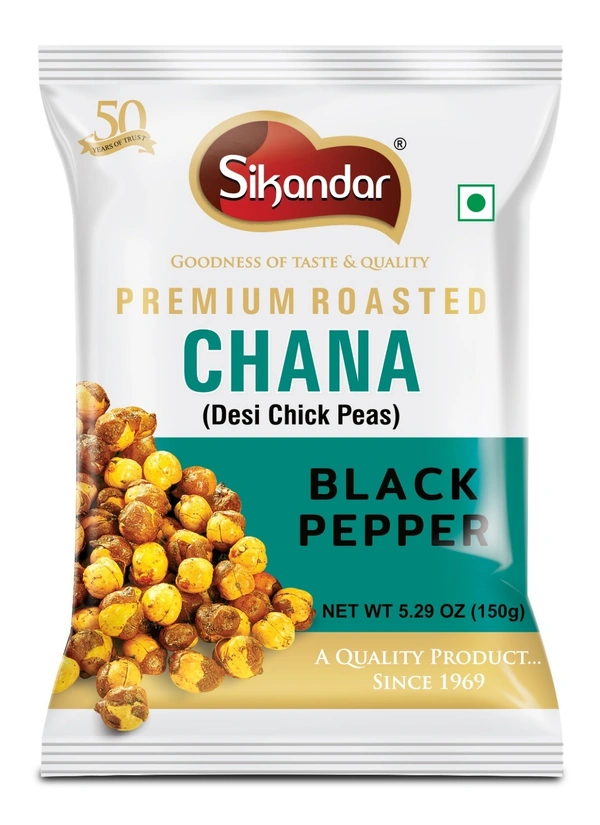 Sikandar  Primium Roasted Chana (Desi Chickpeas) Black Pepper Flavour 150g - Foil Pack