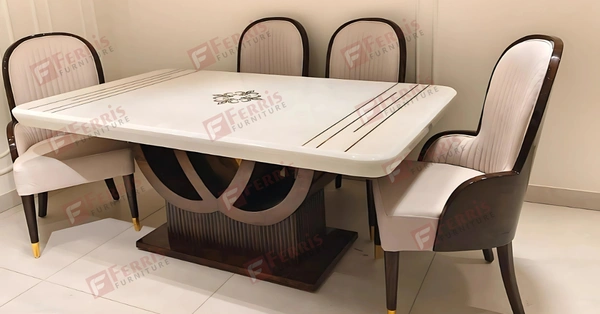 6 Seater PU Leather Dining Table Set with Cushioned Chairs – Tringle Design, Modern Luxury